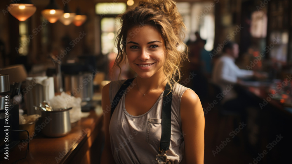 Portrait of a beautiful young waitress woman waiting for clients and smiling in a coffee shop. Small business owner wearing apron standing.