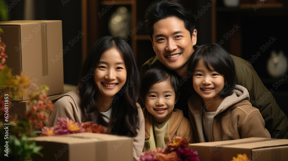 Fototapeta premium Happy asian family with cardboard boxes in the living room at new home.