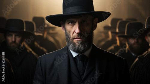 Jewish man with a beard in a black suit and top hat on a dark background of group of jews. photo