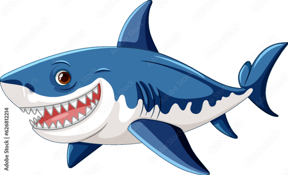 A cartoon illustration of a great white shark with big teeth, swimming and smiling isolated on a white background A cartoon illustration of a great white shark with big teeth, swimming and smiling isolated on a white background