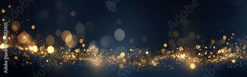 An abstract background featuring dark blue and golden particles. Christmas golden light shines, creating a bokeh effect on the navy blue background. Gold foil texture is also present. 
Generative AI