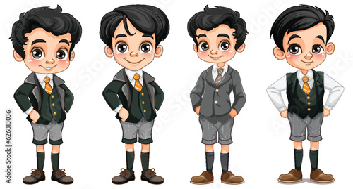 Set of Asian boy student cartoon in different uniform