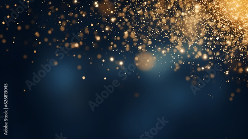 An abstract background featuring dark blue and golden particles. Christmas golden light shines, creating a bokeh effect on the navy blue background. Gold foil texture is also present. Generative AI