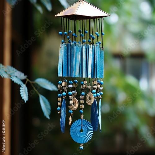 Pleasing blue wind chime hanging from roof Generative AI