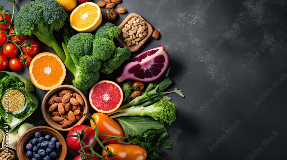 fruit and vegetables. heart design with nature light . AI generated. fruit and vegetables. heart design with nature light . AI generated.