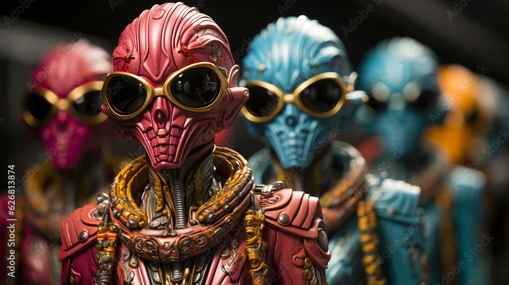 Fototapeta premium Fashion trends, with aliens wearing vibrant and bizarre outfits. Generative Ai