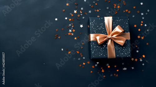 Top view dark blue gift box with gold satin ribbon on dark background. Birthday gift with copy space for holiday or Christmas present © AspctStyle