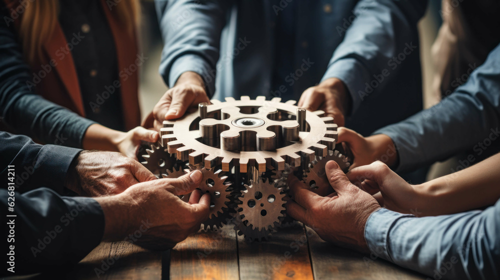 teamwork in action - group of people meticulously assembling gears on a table, epitomizing the collaborative effort in project realization, optimized for 16:9 HD and social media usage. Ai generated - obrazy, fototapety, plakaty 