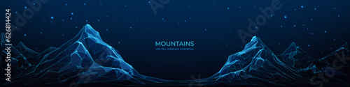 Abstract mountain valley. Low poly blue digital landscape with mountains and starry sky. Vector template with text blank in the center of banner. Low poly wireframe vector illustration with 3D effect.