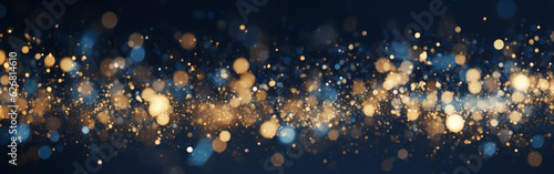 An abstract background featuring dark blue and golden particles. Christmas golden light shines  creating a bokeh effect on the navy blue background. Gold foil texture is also present.  Generative AI