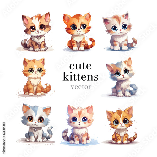 Vector illustration: set of cute cartoon kittens with big eyes, emotions of children's animals.