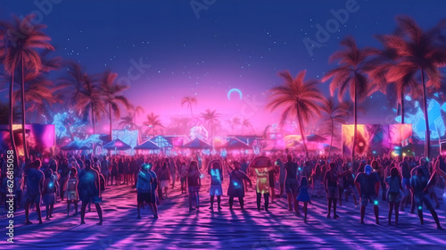 Festival music concert stage outdoor public party cartoon illustration. Summertime fun outdoor activity. People in open air live performance