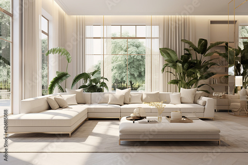 Interior of modern living room with white walls, wooden floor, comfortable white sofas and large windows. 3d rendering