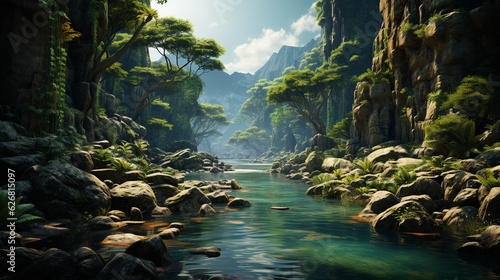 Jungle  river  and rocks. Generative Ai