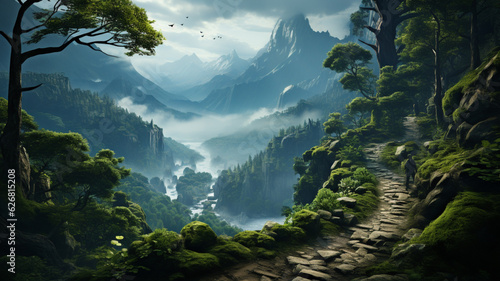 Misty mountain path flanked by trees and bushes. Fantasy landscape. Generative Ai © andranik123