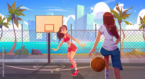Girl play basketball on street court beach and sea vector background. basket ball game stadium with cityscape on ocean shore. Skyscraper view from city sport arena and competition between woman