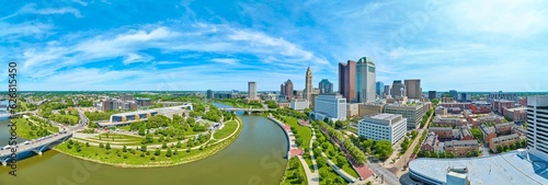 Panorama aerial both sides of Scioto River in Columbus Ohio downtown