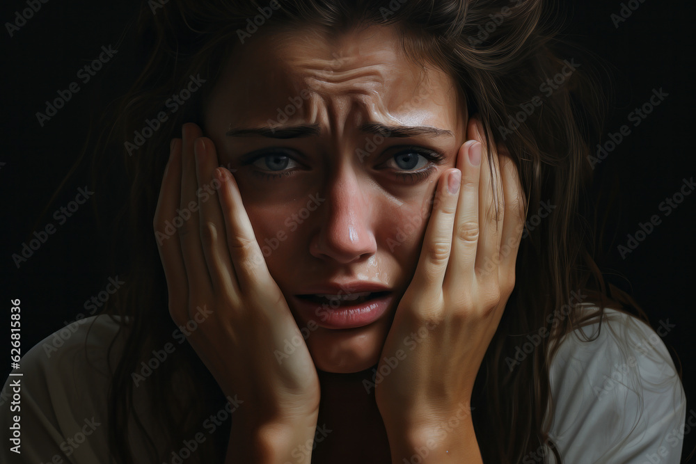 Close-up portrait of a woman crying into her hands Close-up portrait of a woman crying into her hands