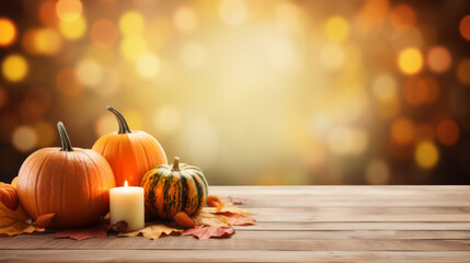 Wooden table, free space, with thanksgiving theme blurred background