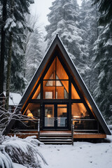 Modern A-frame house cabin in middle of a forest in winter season with house covered in snow