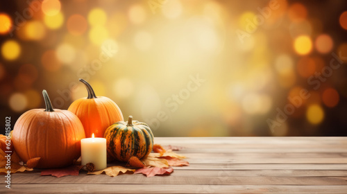 Photo Wooden table, free space, with thanksgiving theme blurred background