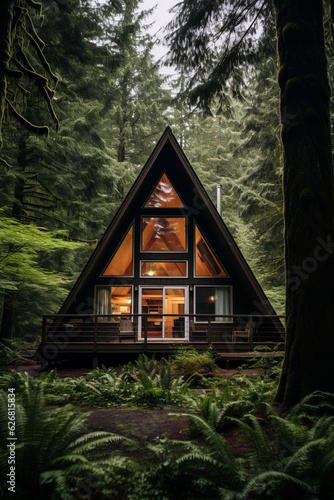 Modern A-frame house cabin in middle of a forest in spring or summer season