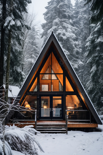Foto Modern A-frame house cabin in middle of a forest in winter season with house cov