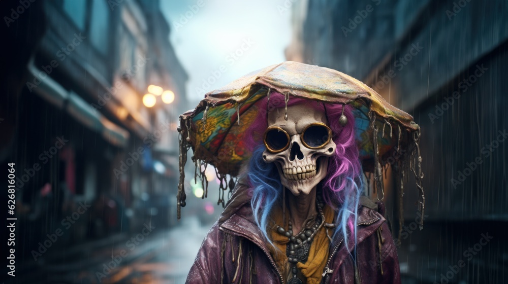 Portrait caricature of a very old eccentric hippie grandma skeleton dressed in ragged arty beaded clothing with flowers in a cold raining distant cyber city future street - generative AI