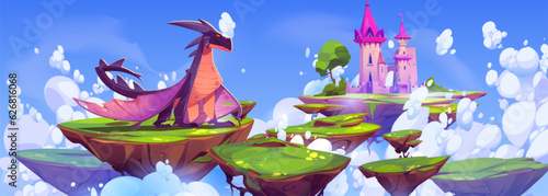 Fantasy castle and magic dragon floating on islands in sky. Vector cartoon illustration of fantastic reptile animal guarding dreamland with fairy tale fortress on pieces of land flying in clouds