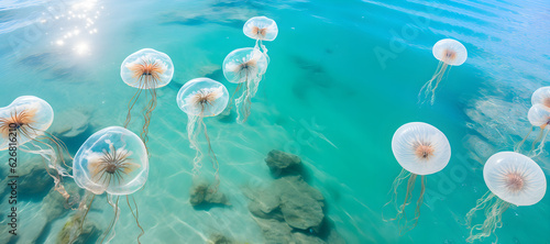 Mesmerizing photo of turquoise sea with gropup of jellyfish gliding through the water below.
