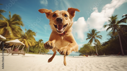 Joyful dog jumping and playing on tropical sand beach © Lexar
