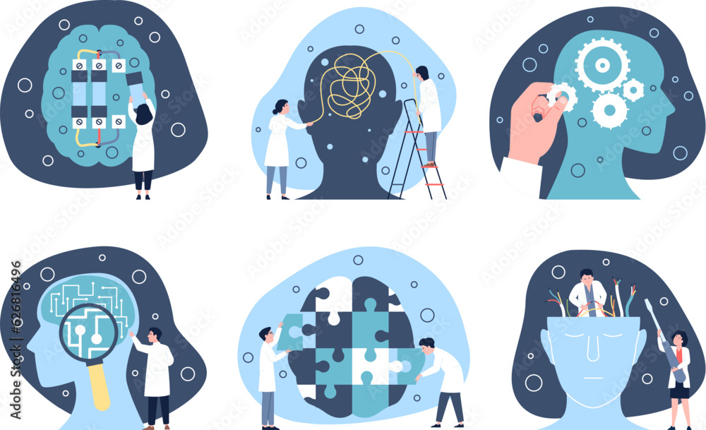 Mind and mental health care, psychology problems and therapy. Psychotherapy, medical support for brain and research. Recent healthy vector scenes - obrazy, fototapety, plakaty 