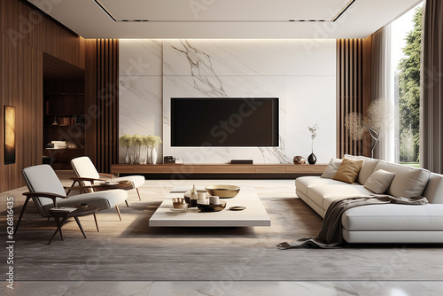 Luxury living room interior with wooden walls, concrete floor, white sofa, coffee table and TV. 3d rendering