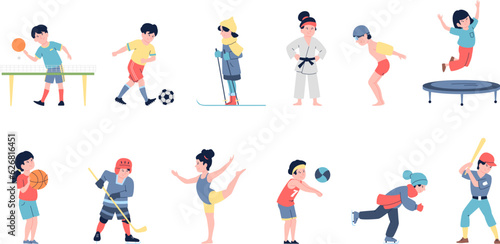 Fotobehang Flat sporting teenagers, sport athletics children