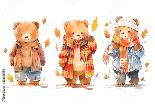 Teddy bears in a row, utumn season painted in watercolor on a white isolated background.