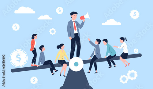 Teamwork competition and boss. Work dispute metaphor, unbalanced desk with workers groups and money. Comparison success recent vector concept
