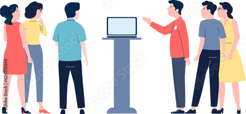 Promotion man in store or exhibit. Product sample promo for people group, stand on exhibition. Consumer and promoter, recent vector ad scene