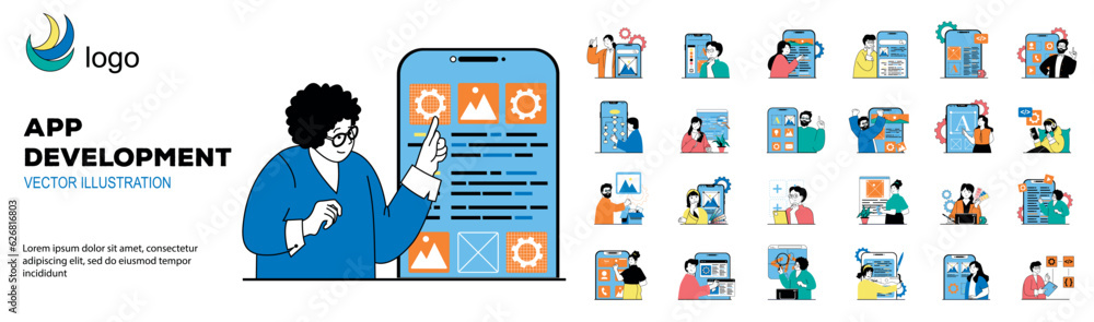 App development concept with character situations mega set. Bundle of ...