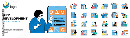 App development concept with character situations mega set. Bundle of scenes people programming and coding, engineering application, releasing new product. Vector illustrations in flat web design