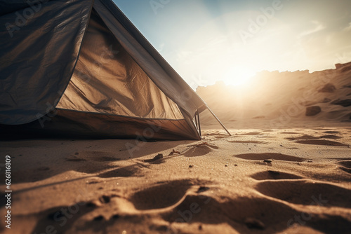 A closeup shot of a tent in a desert - Generative AI