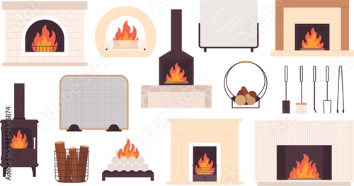 Fireplace with fire, relaxing traditional fireplaces and tools. Cartoon iron stoves, decorative interior modern fire place and woods. Racy vector clipart