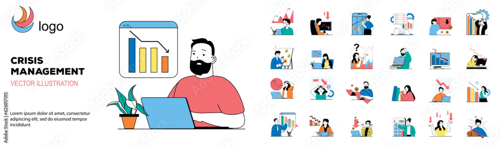 Crisis management concept with character situations mega set. Bundle of scenes people analisis data, planning strategy in recession, finding problem solutions. Vector illustrations in flat web design
