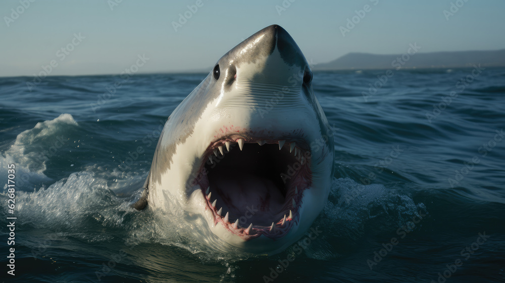 Fototapeta premium Front view on a great white shark with open mouth as a symbol for danger. Generative AI.