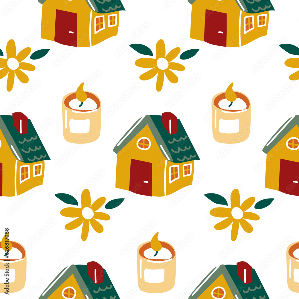 Seamless pattern with cartoon cozy candles, a house and a retro-style flower. Cozy background. Vector printing on fabric and wallpaper. Cute homemade relaxing motif. Autumn packaging