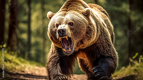 large brown angry running bear in the green forest, made with Generative AI