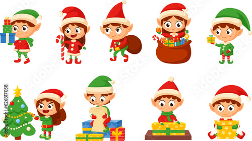 Cartoon santa elves characters, christmas elf with gifts and xmas tree. Cute helpers, celebrating magic creature. Winter holidays nowaday vector set