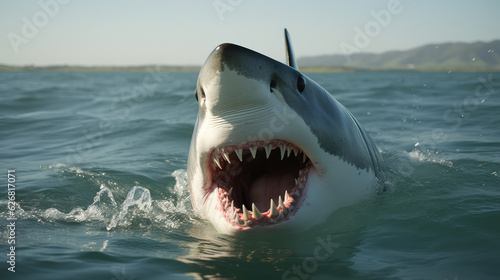 Single white shark with open mouth attacking something. Generative AI.