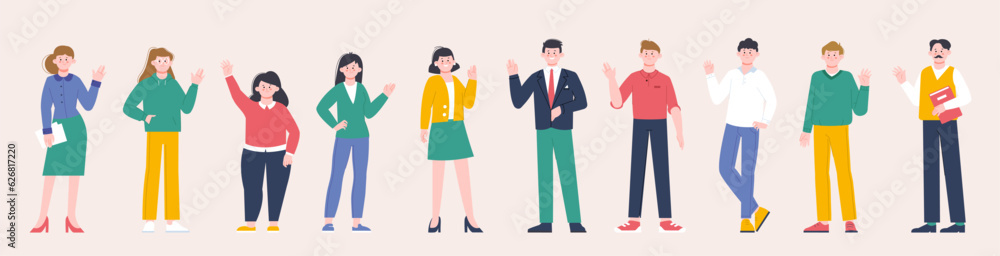 People greeting and say hello. Welcome characters, teens and adults. Cartoon women men wave hands, ethnic diverse group students splendid vector set People greeting and say hello. Welcome characters, teens and adults. Cartoon women men wave hands, ethnic diverse group students splendid vector set