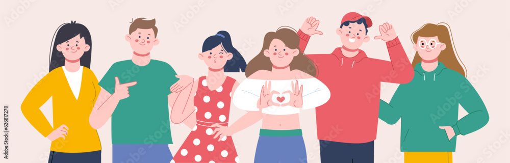 Positive people group, friends smile and hug. Cheering society, happy flat students portrait. Colleagues community, friendship splendid vector scene Positive people group, friends smile and hug. Cheering society, happy flat students portrait. Colleagues community, friendship splendid vector scene