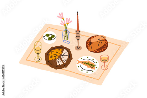 Dinner table served with dishes, food and drinks. Snacks, appetizers, starter...